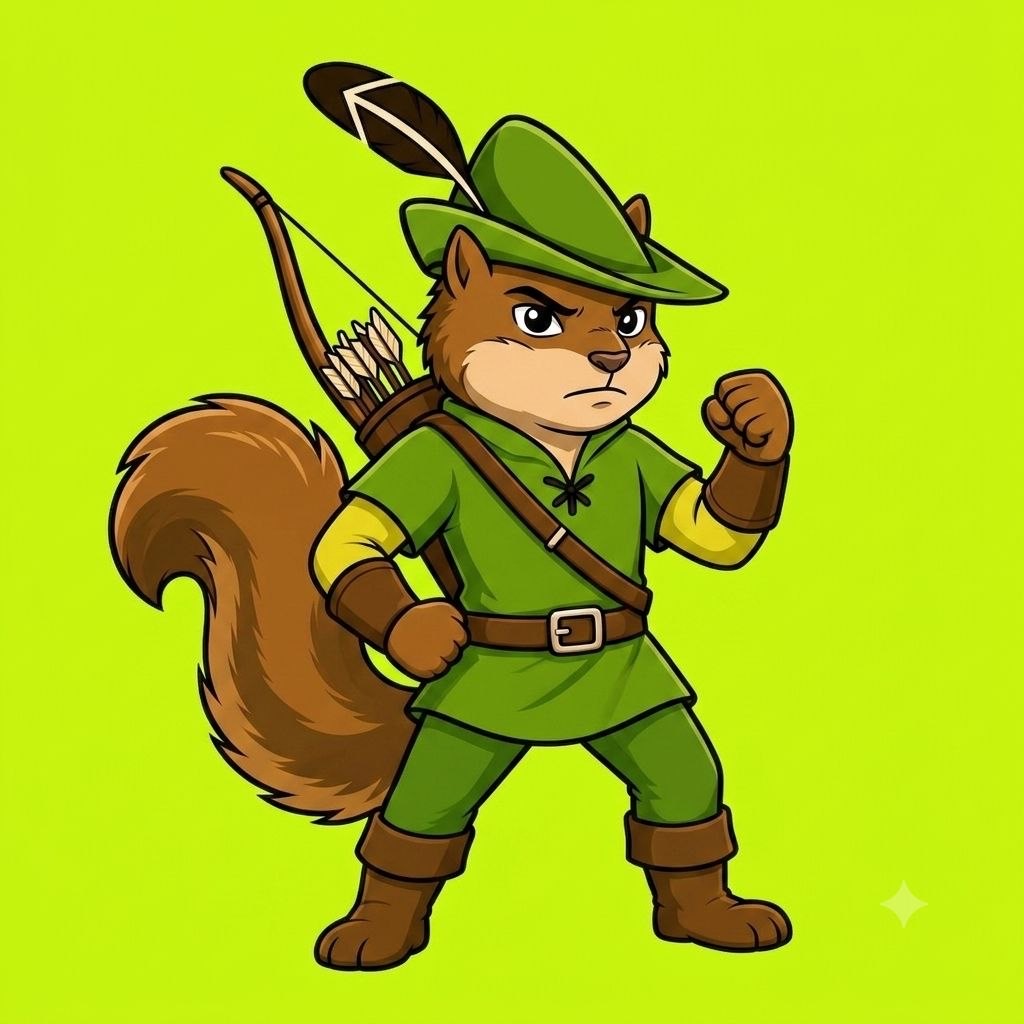 Classic green-tunic outlaw squirrel with bow and quiver