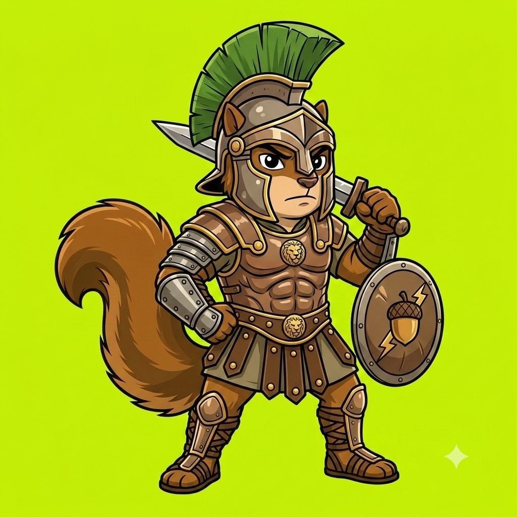 Squirrel gladiator in Roman armor with acorn shield