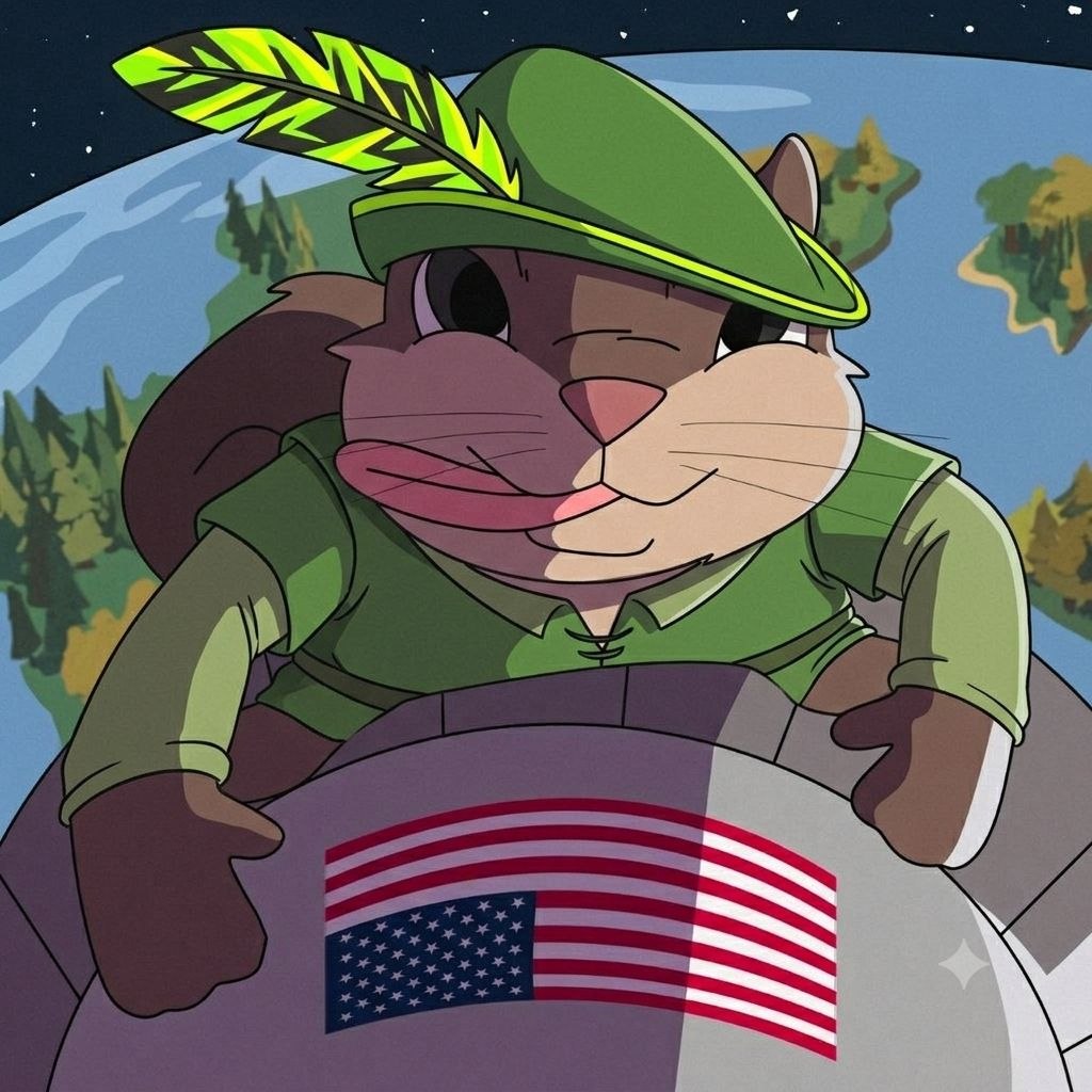 Astronaut squirrel in a green cap looking down at the world from orbit