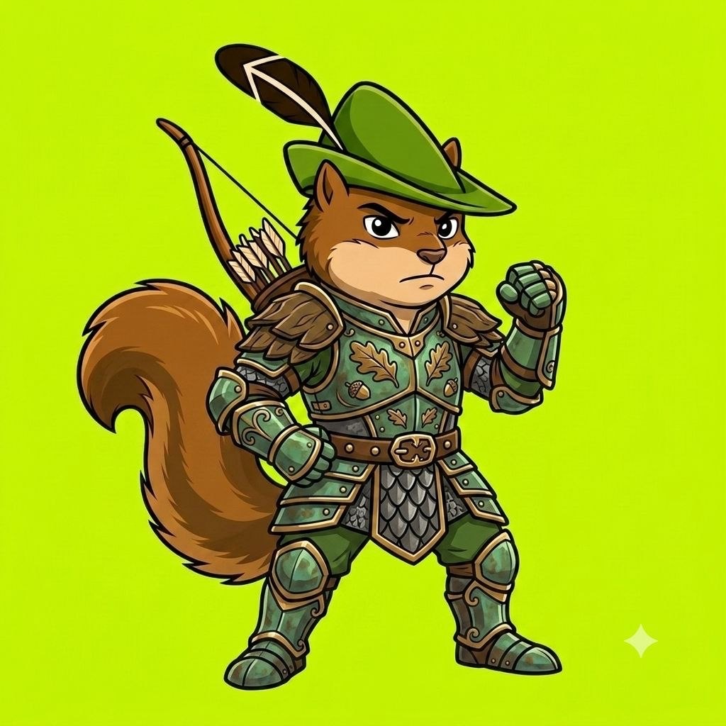 Squirrel outlaw in mossy oak-leaf plate armor
