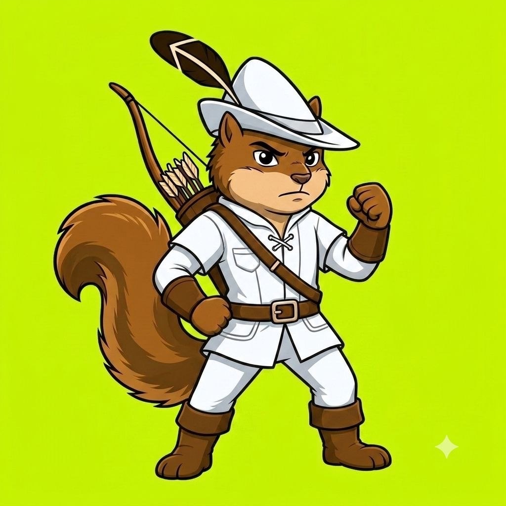 Squirrel outlaw in all-white hood and tunic