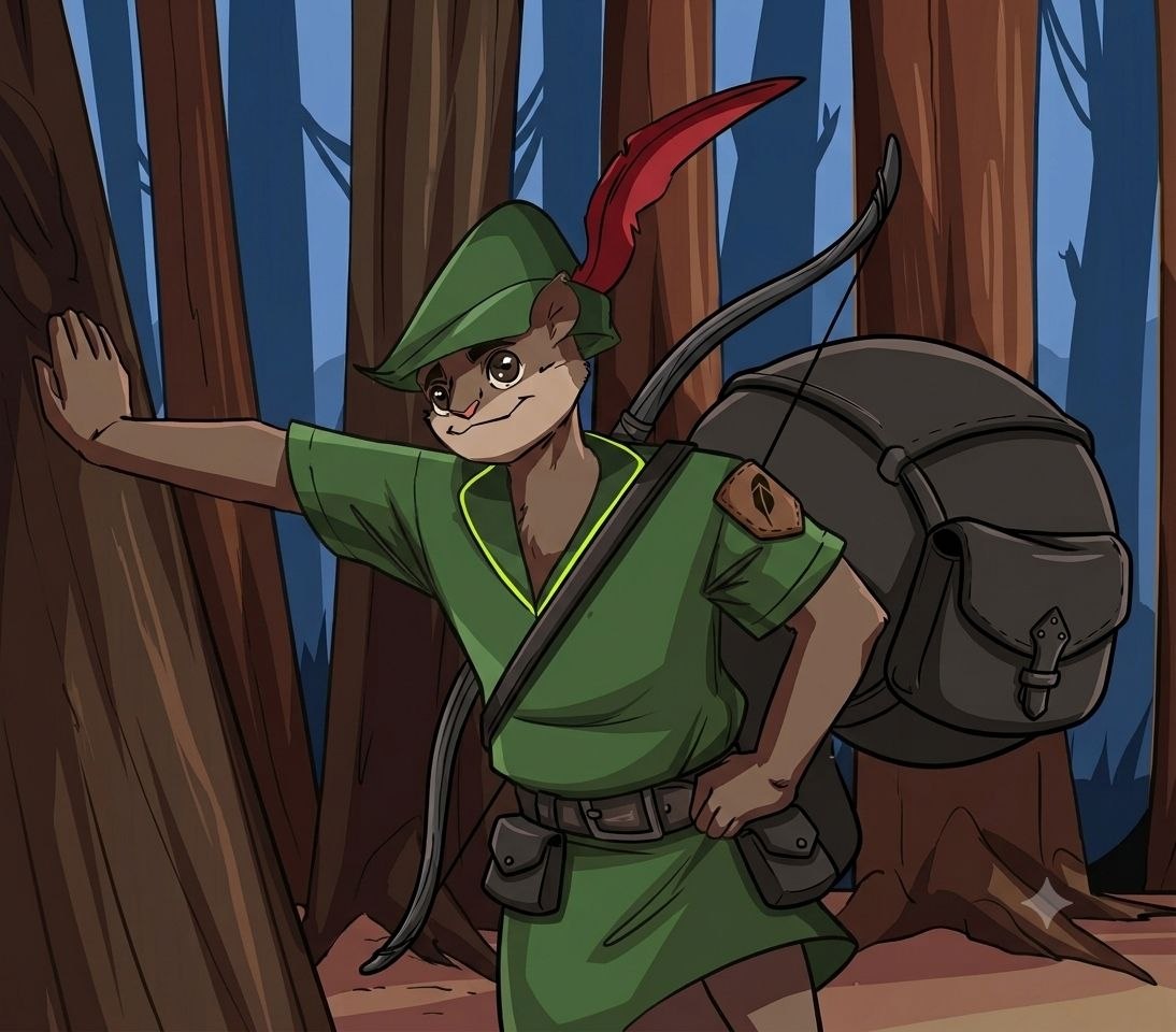 Hooded Peanut leaning against a redwood in the dark forest with his bow