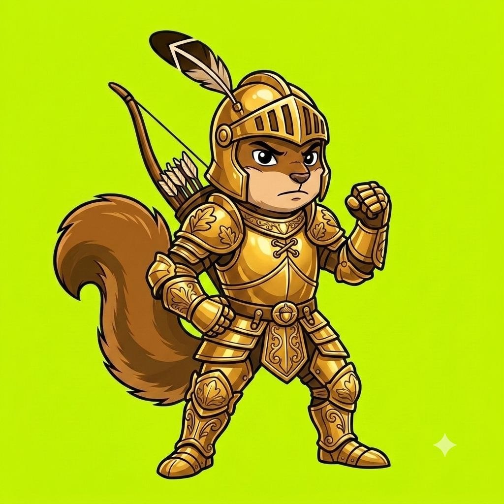 Squirrel outlaw in full golden knight armor with bow
