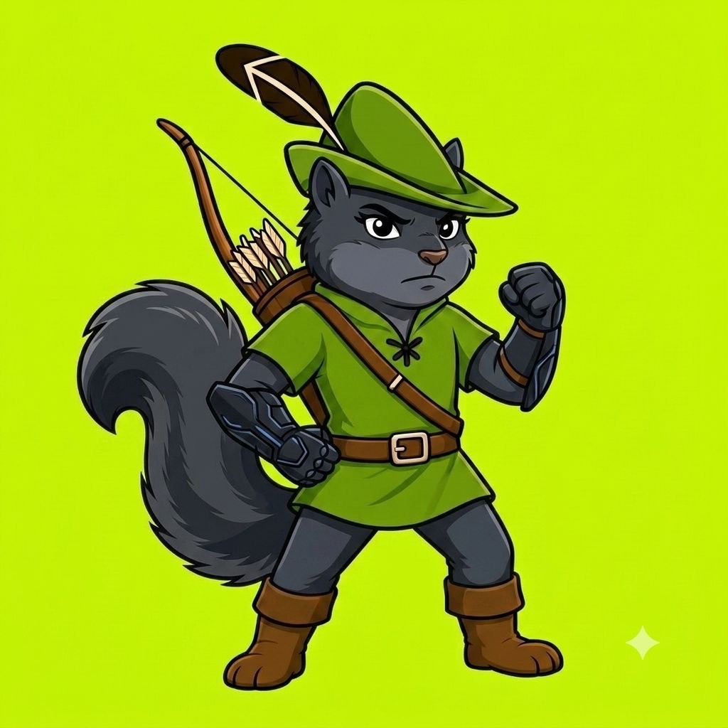 Grey squirrel outlaw in green tunic with dark gauntlets