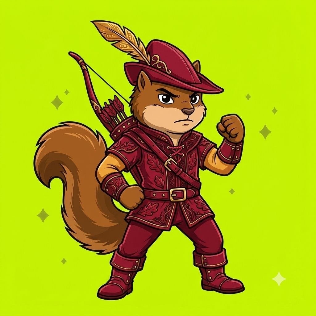 Squirrel outlaw in crimson hood and tunic