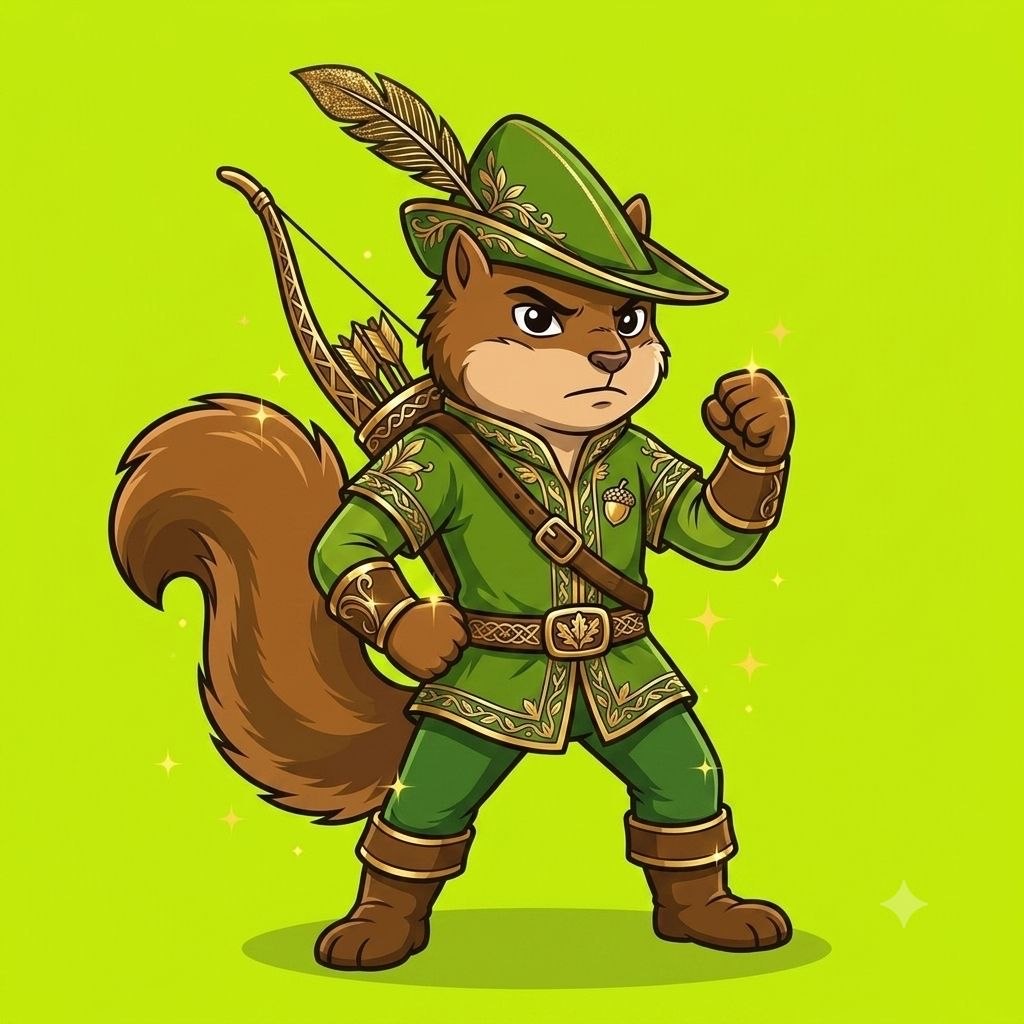 Gold-trimmed green outlaw squirrel with feathered cap