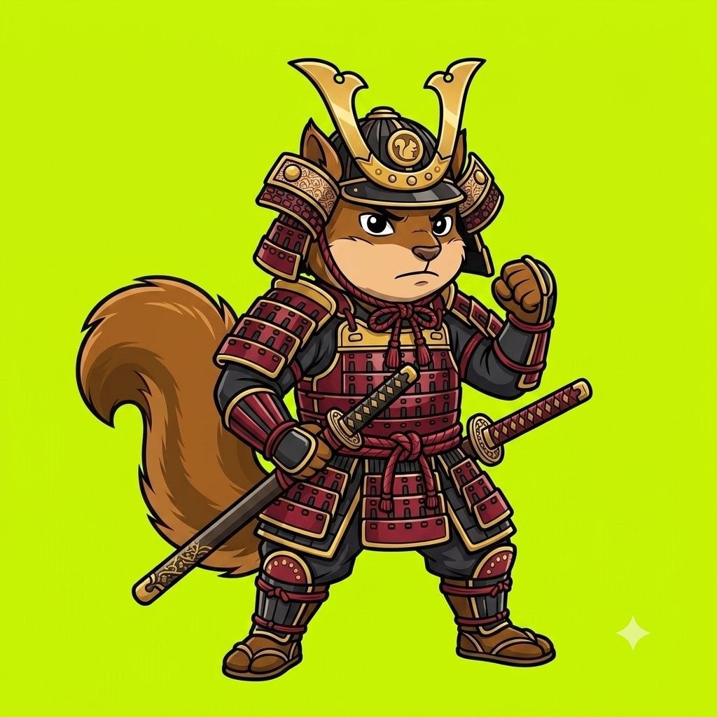 Squirrel samurai in crimson armor with twin katanas